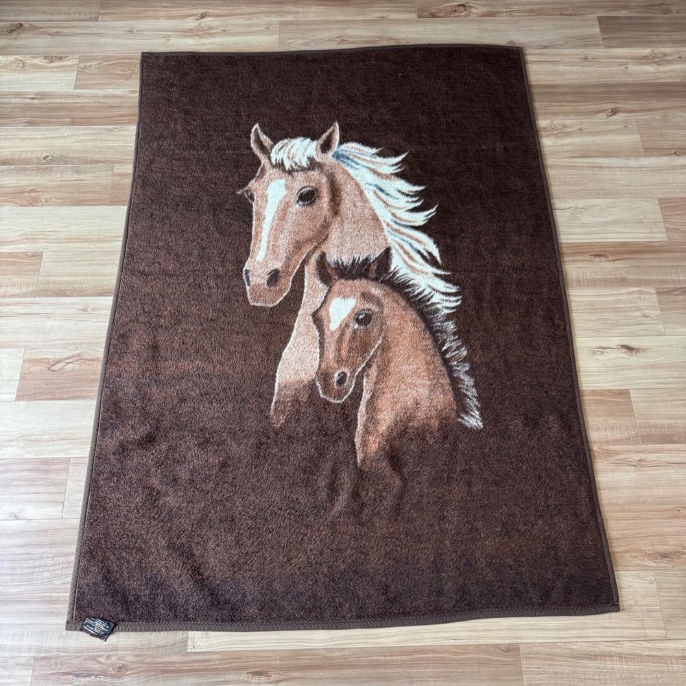 Vintage Biederlack Horse Blanket Mare and Foal Brown Reversible Equestrian Throw
